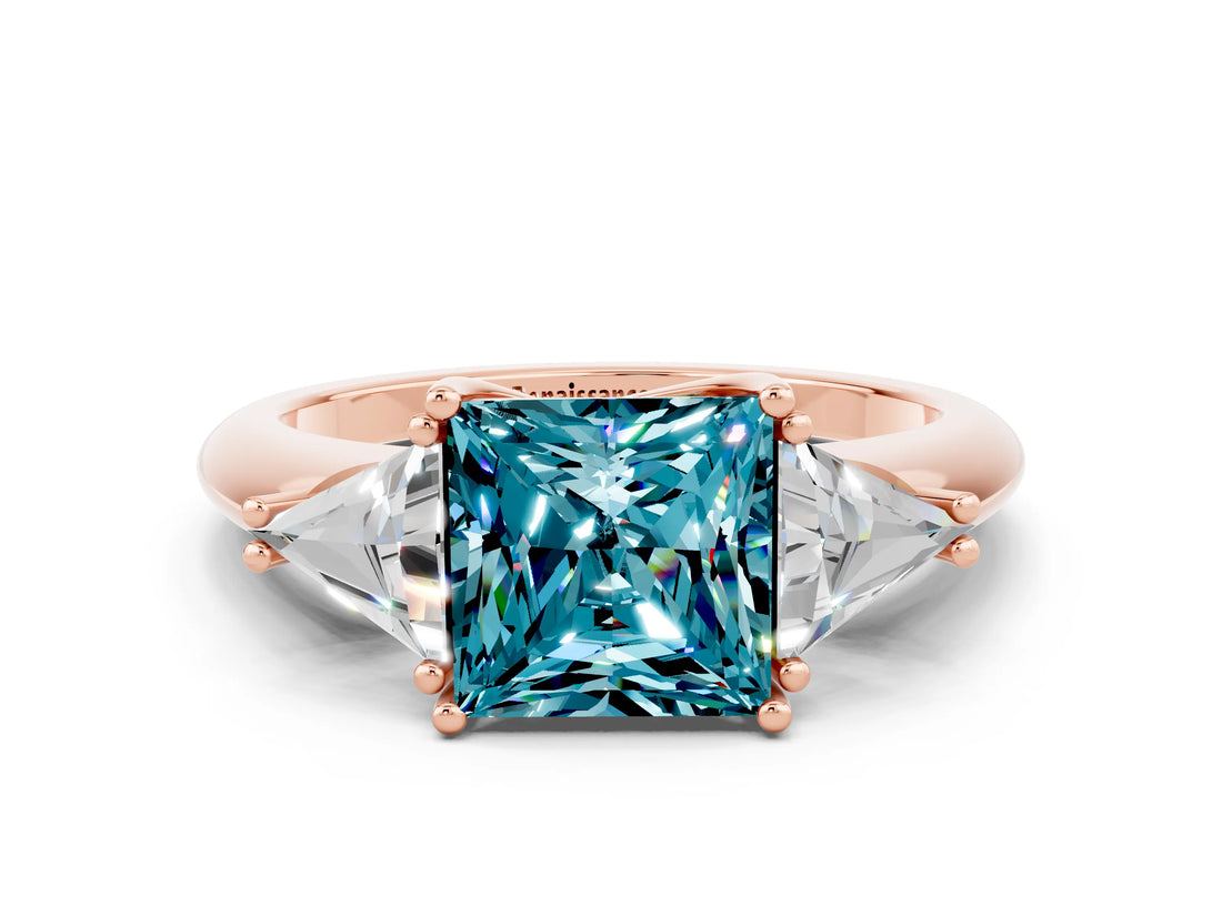 Rose gold Three-Stone Princess Cut Cut Diamond Ring with Trillion Side Stones and Four-Prong Setting