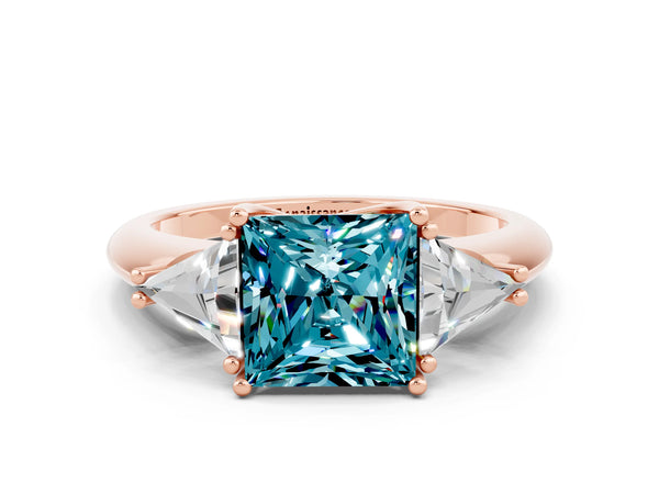 Rose gold Three-Stone Princess Cut Cut Diamond Ring with Trillion Side Stones and Four-Prong Setting