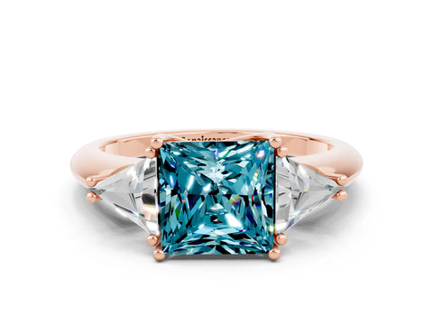 Rose gold Three-Stone Princess Cut Cut Diamond Ring with Trillion Side Stones and Four-Prong Setting