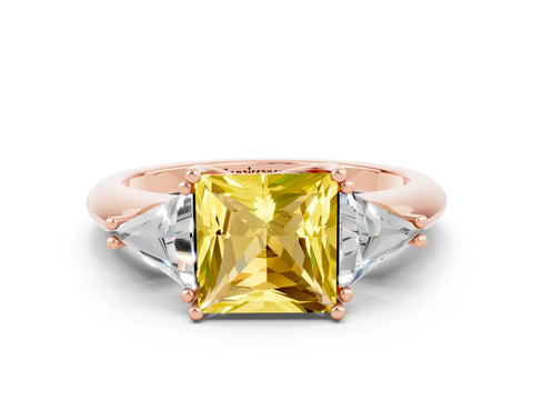 Rose gold Three-Stone Princess Cut Cut Diamond Ring with Trillion Side Stones and Four-Prong Setting