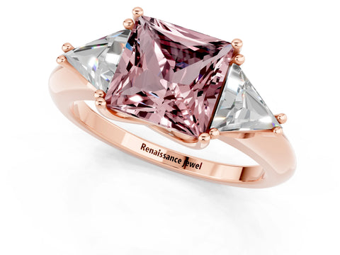Rose gold Three-Stone Princess Cut Cut Diamond Ring with Trillion Side Stones and Four-Prong Setting_1
