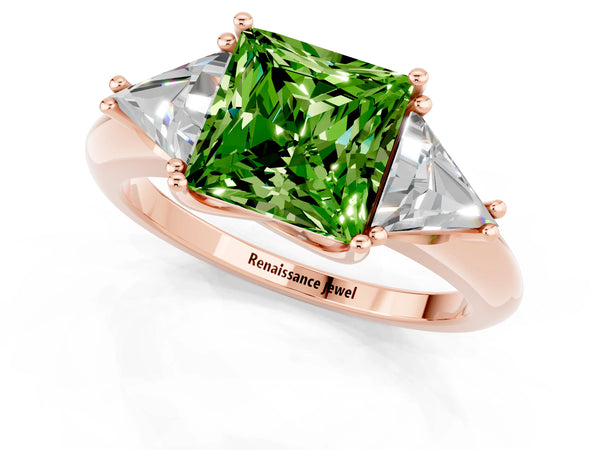 Rose gold Three-Stone Princess Cut Cut Diamond Ring with Trillion Side Stones and Four-Prong Setting