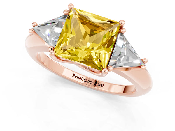 Rose gold Three-Stone Princess Cut Yellow Sapphire Engagement Ring with Trillion Side Stones and Prong Setting
