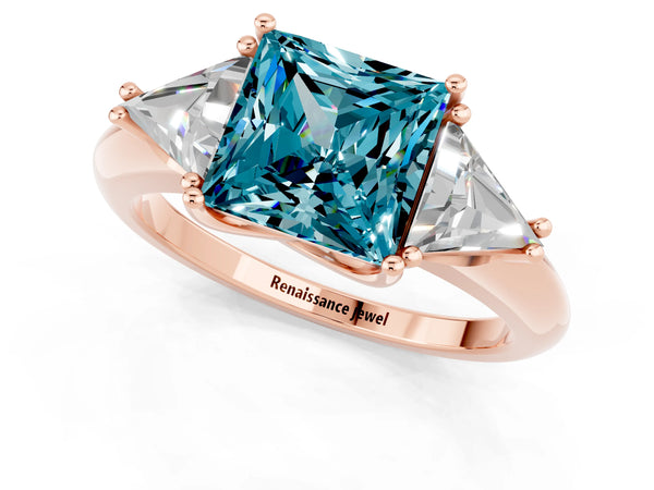 Rose gold Three-Stone Princess Cut Cut Diamond Ring with Trillion Side Stones and Four-Prong Setting