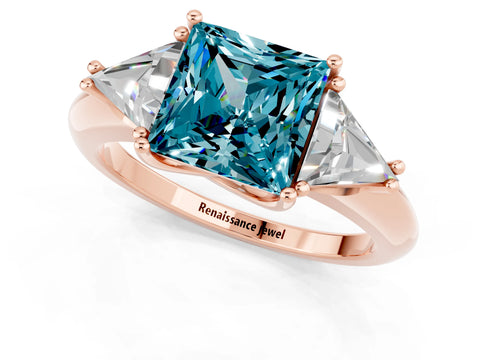 Rose gold Three-Stone Princess Cut Cut Diamond Ring with Trillion Side Stones and Four-Prong Setting_1