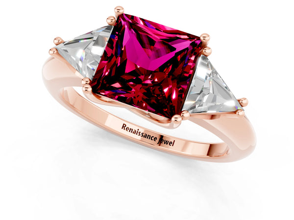 Rose gold Three-Stone Princess Cut Garnet Engagement Ring with Trillion Side Stones and Prong Setting