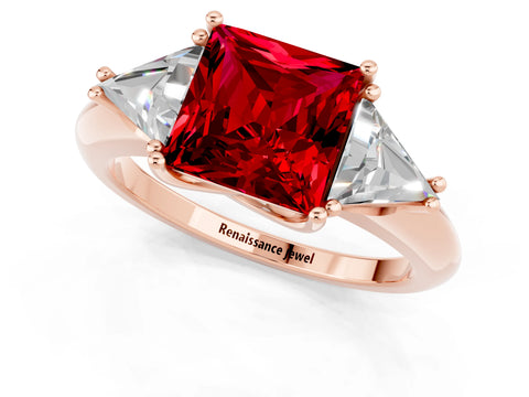 Rose gold Three-Stone Princess Cut Cut Diamond Ring with Trillion Side Stones and Four-Prong Setting_1