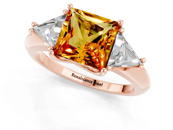 Rose gold Three-Stone Princess Cut Citrine Engagement Ring with Trillion Side Stones and Prong Setting