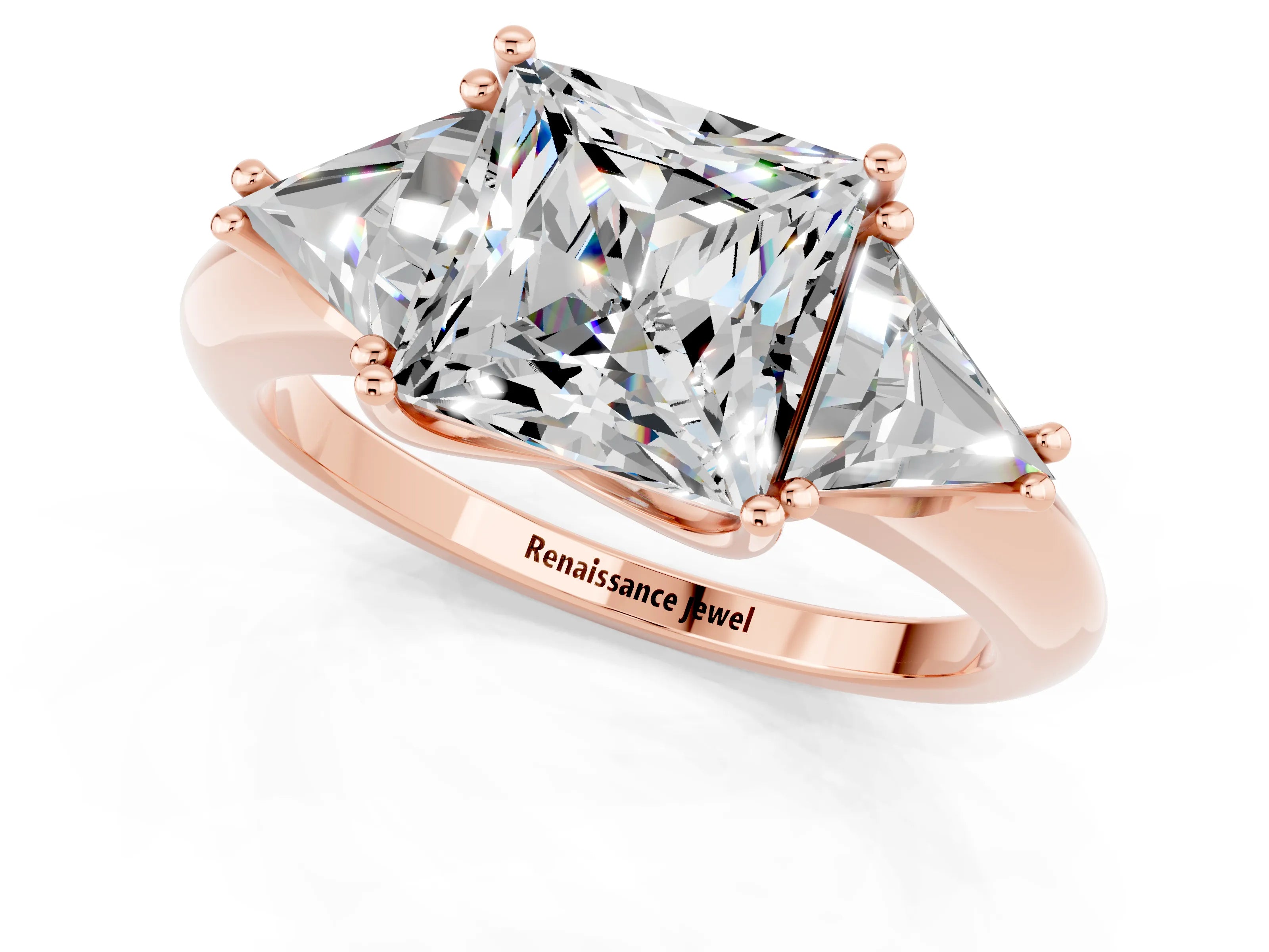 Rose gold Three-Stone Princess Cut Cut Diamond Ring with Trillion Side Stones and Four-Prong Setting_1