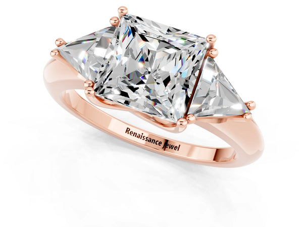 Rose gold Three-Stone Princess Cut Moissanite Engagement Ring with Trillion Side Stones and Prong Setting