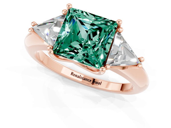 Rose gold Three-Stone Princess Cut Green Sapphire Engagement Ring with Trillion Side Stones and Prong Setting