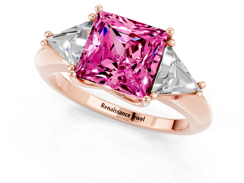 Rose gold Three-Stone Princess Cut Cut Diamond Ring with Trillion Side Stones and Four-Prong Setting_1