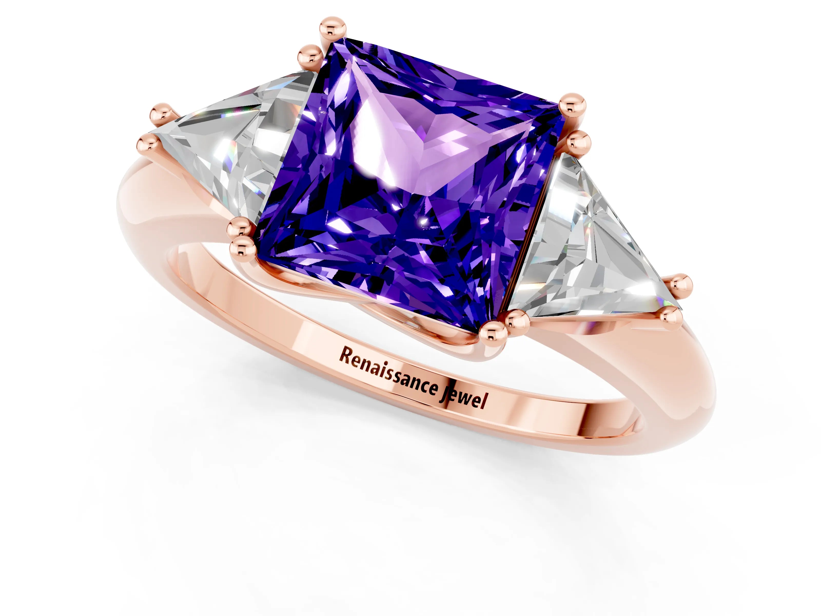 Rose gold Three-Stone Princess Cut Cut Diamond Ring with Trillion Side Stones and Four-Prong Setting_1