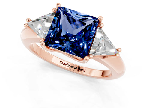 Rose gold Three-Stone Princess Cut Cut Diamond Ring with Trillion Side Stones and Four-Prong Setting_1
