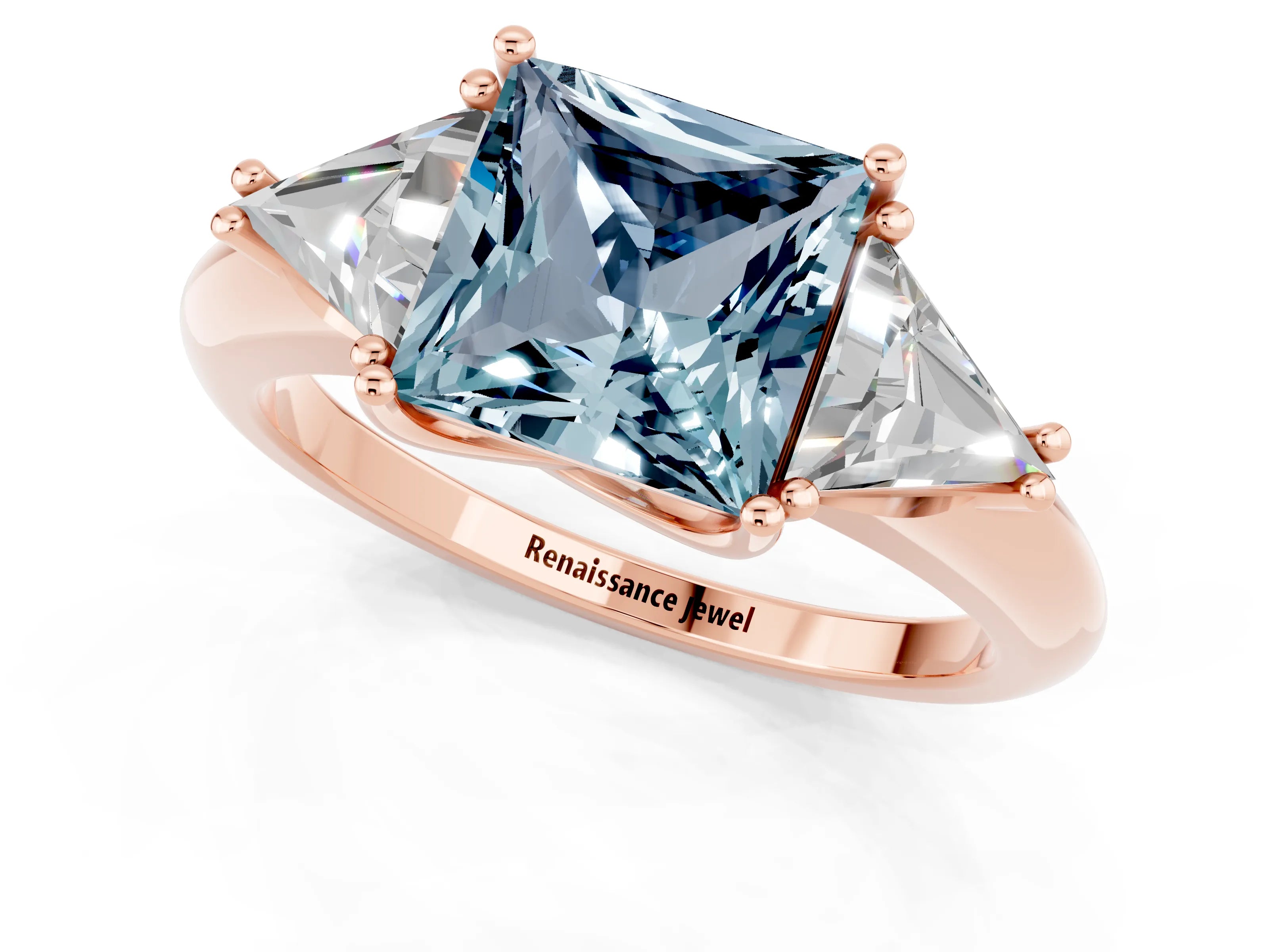 Rose gold Three-Stone Princess Cut Cut Diamond Ring with Trillion Side Stones and Four-Prong Setting_1