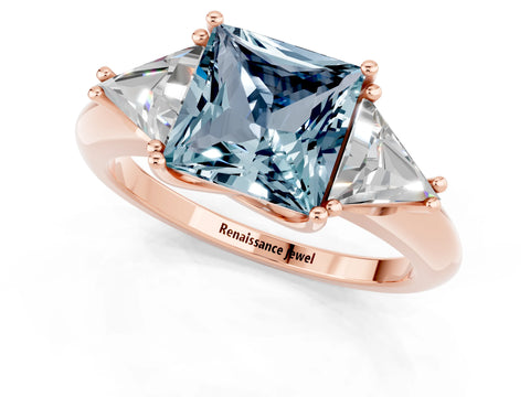 Rose gold Three-Stone Princess Cut Cut Diamond Ring with Trillion Side Stones and Four-Prong Setting_1