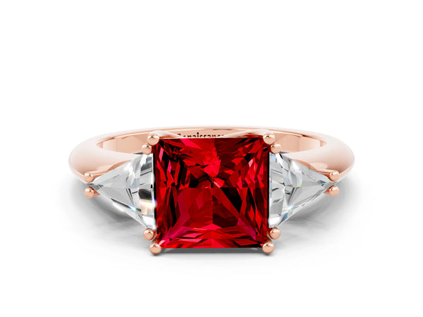 Rose gold Three-Stone Princess Cut Cut Diamond Ring with Trillion Side Stones and Four-Prong Setting