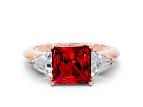 Rose gold Three-Stone Princess Cut Cut Diamond Ring with Trillion Side Stones and Four-Prong Setting