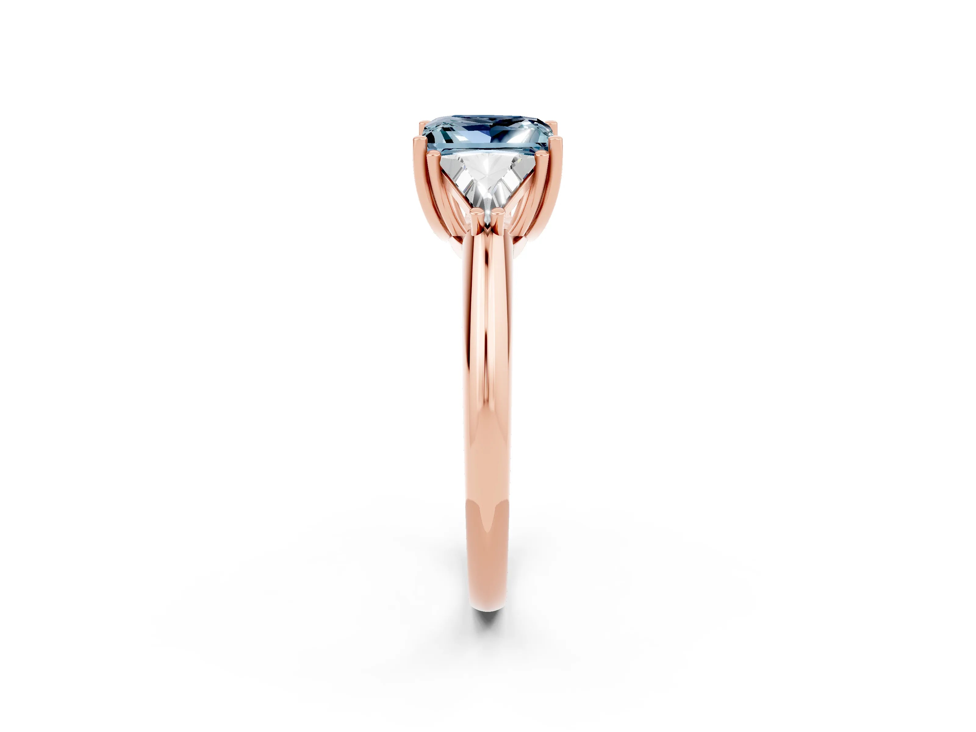 Rose gold Three-Stone Princess Cut Cut Diamond Ring with Trillion Side Stones and Four-Prong Setting_2