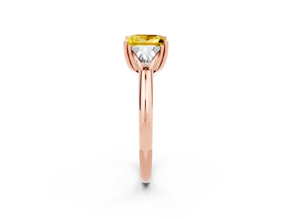 Rose gold Three-Stone Princess Cut Yellow Sapphire Engagement Ring with Trillion Side Stones and Prong Setting