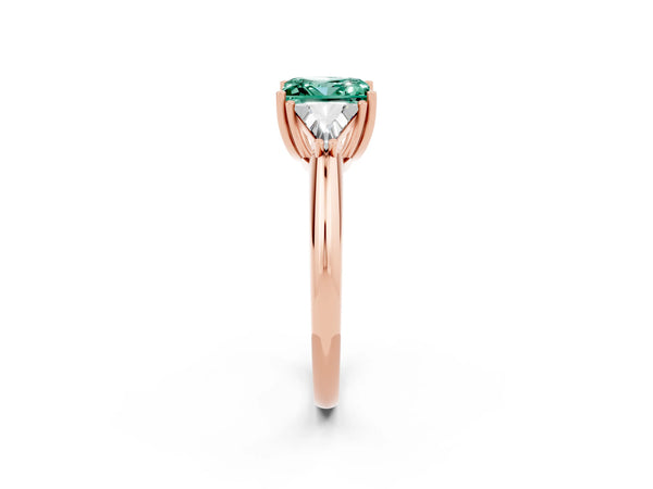 Rose gold Three-Stone Princess Cut Green Sapphire Engagement Ring with Trillion Side Stones and Prong Setting