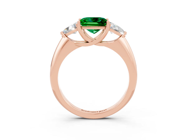 Rose gold Three-Stone Princess Cut Emerald Engagement Ring with Trillion Side Stones and Prong Setting