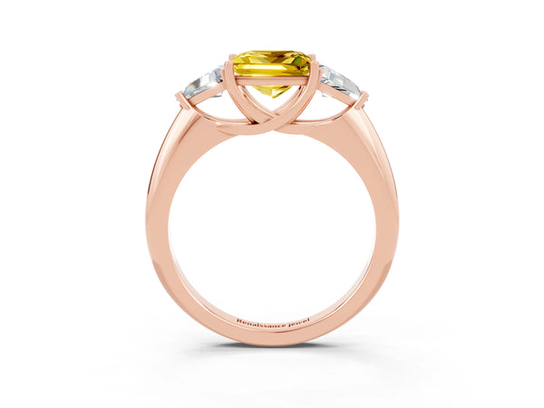 Rose gold Three-Stone Princess Cut Yellow Sapphire Engagement Ring with Trillion Side Stones and Prong Setting