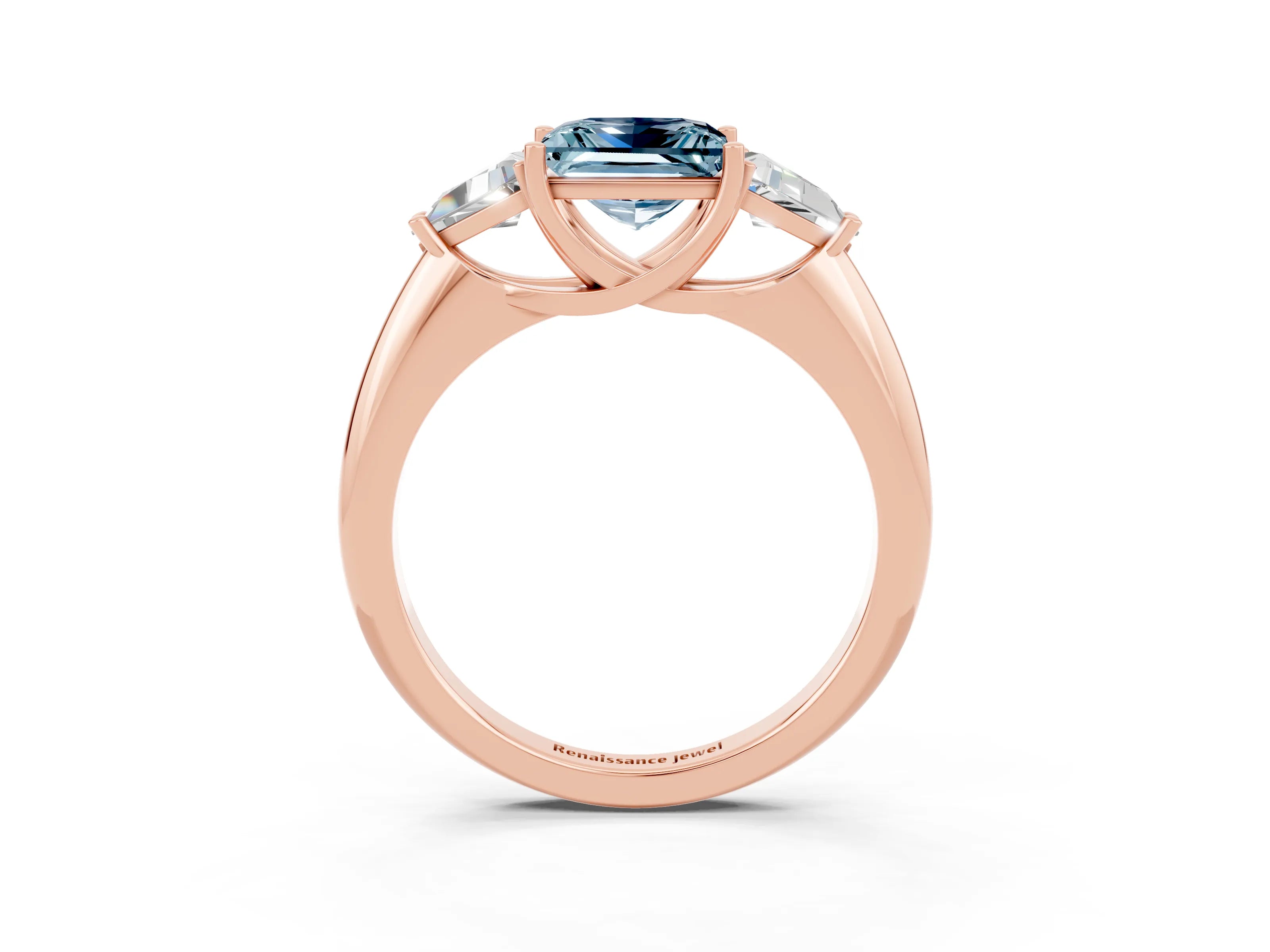 Rose gold Three-Stone Princess Cut Cut Diamond Ring with Trillion Side Stones and Four-Prong Setting_3