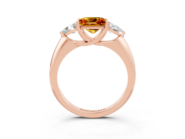 Rose gold Three-Stone Princess Cut Citrine Engagement Ring with Trillion Side Stones and Prong Setting