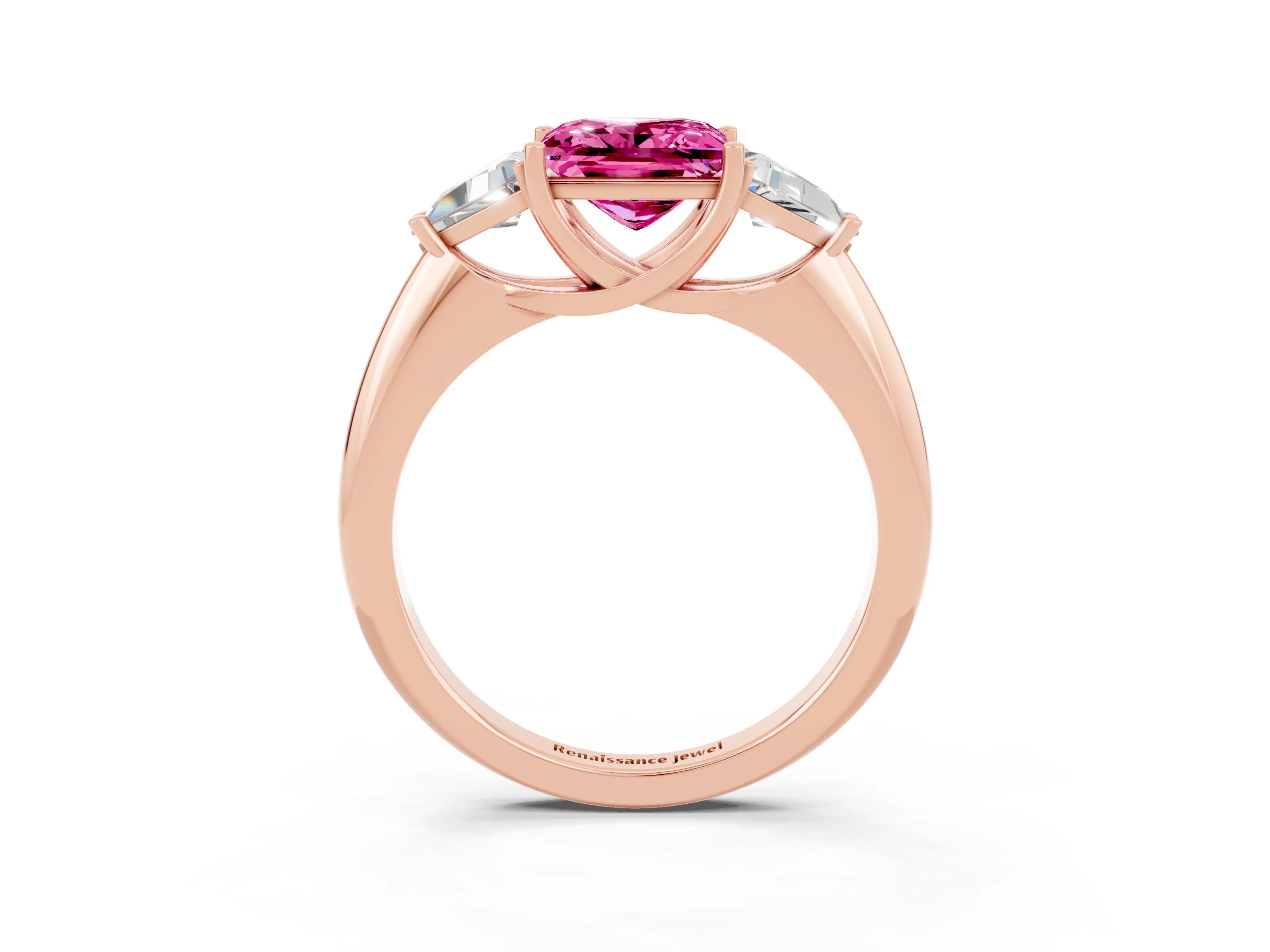 Rose gold Three-Stone Princess Cut Cut Diamond Ring with Trillion Side Stones and Four-Prong Setting_3