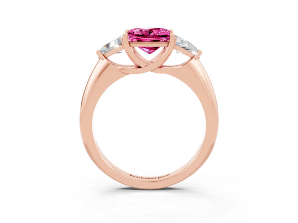 Rose gold Three-Stone Princess Cut Cut Diamond Ring with Trillion Side Stones and Four-Prong Setting