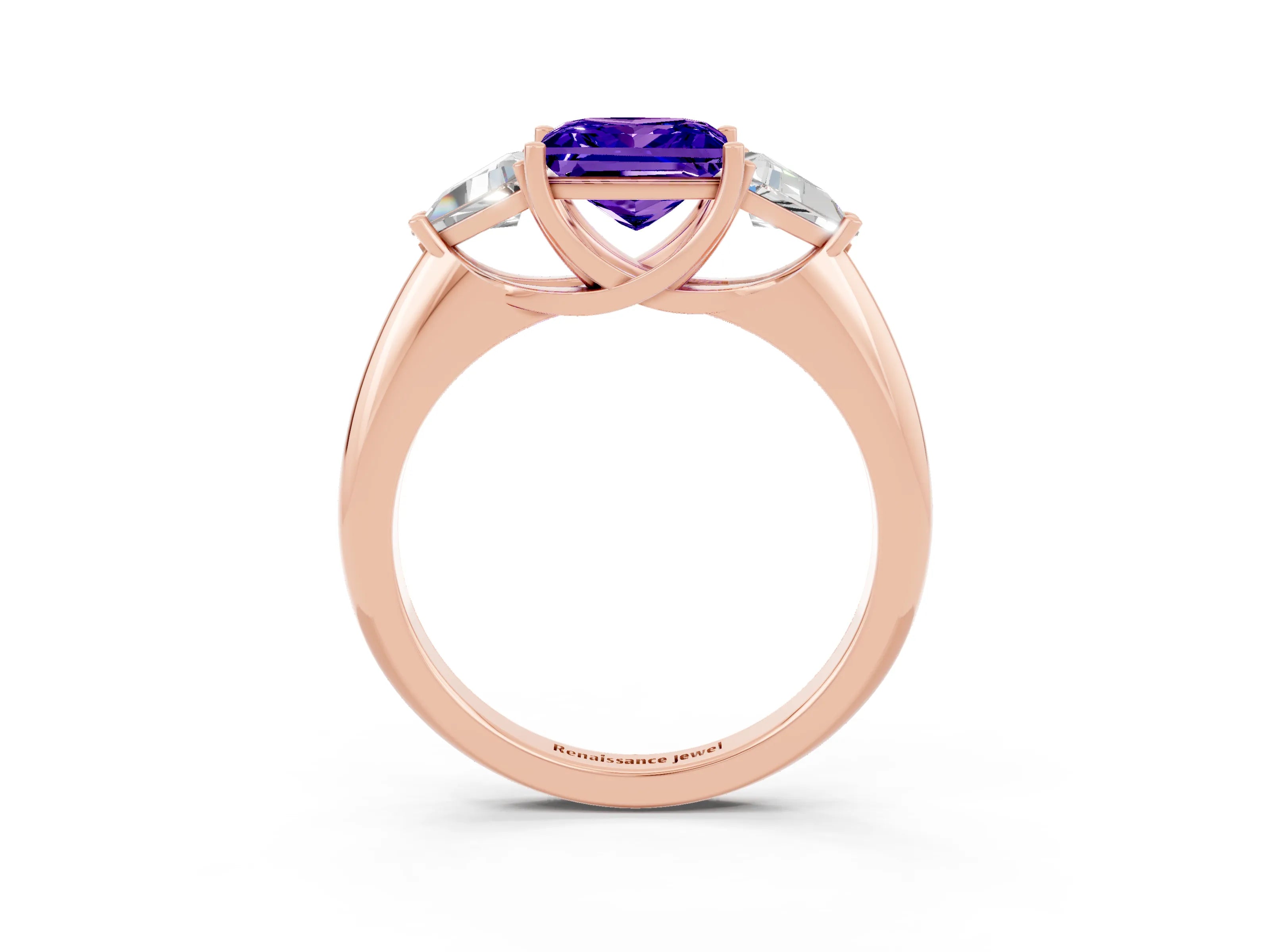 Rose gold Three-Stone Princess Cut Cut Diamond Ring with Trillion Side Stones and Four-Prong Setting_3