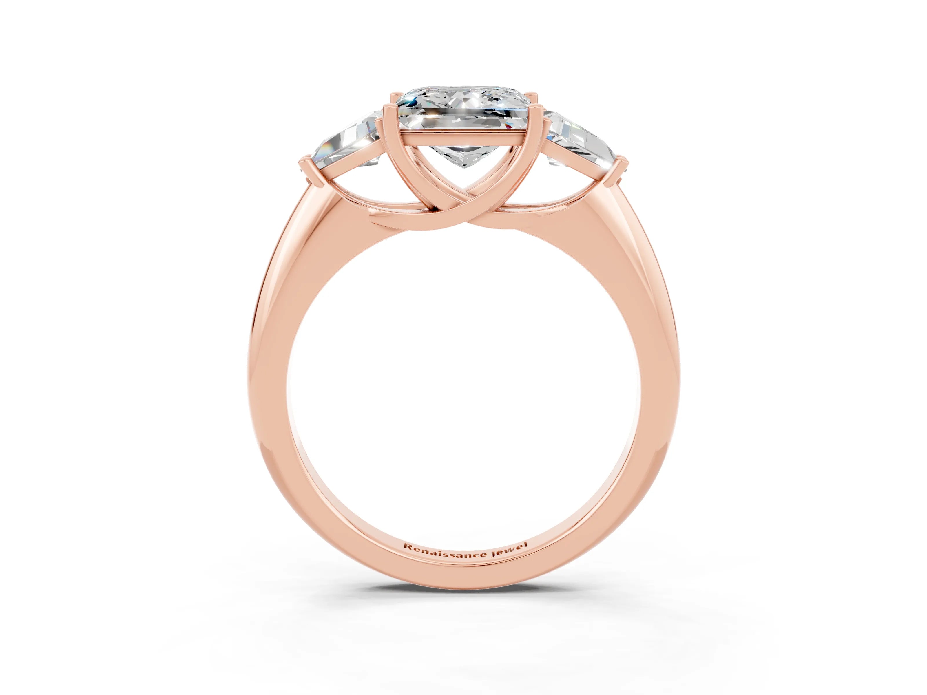 Rose gold Three-Stone Princess Cut Cut Diamond Ring with Trillion Side Stones and Four-Prong Setting_3