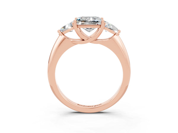 Rose gold Three-Stone Princess Cut Moissanite Engagement Ring with Trillion Side Stones and Prong Setting