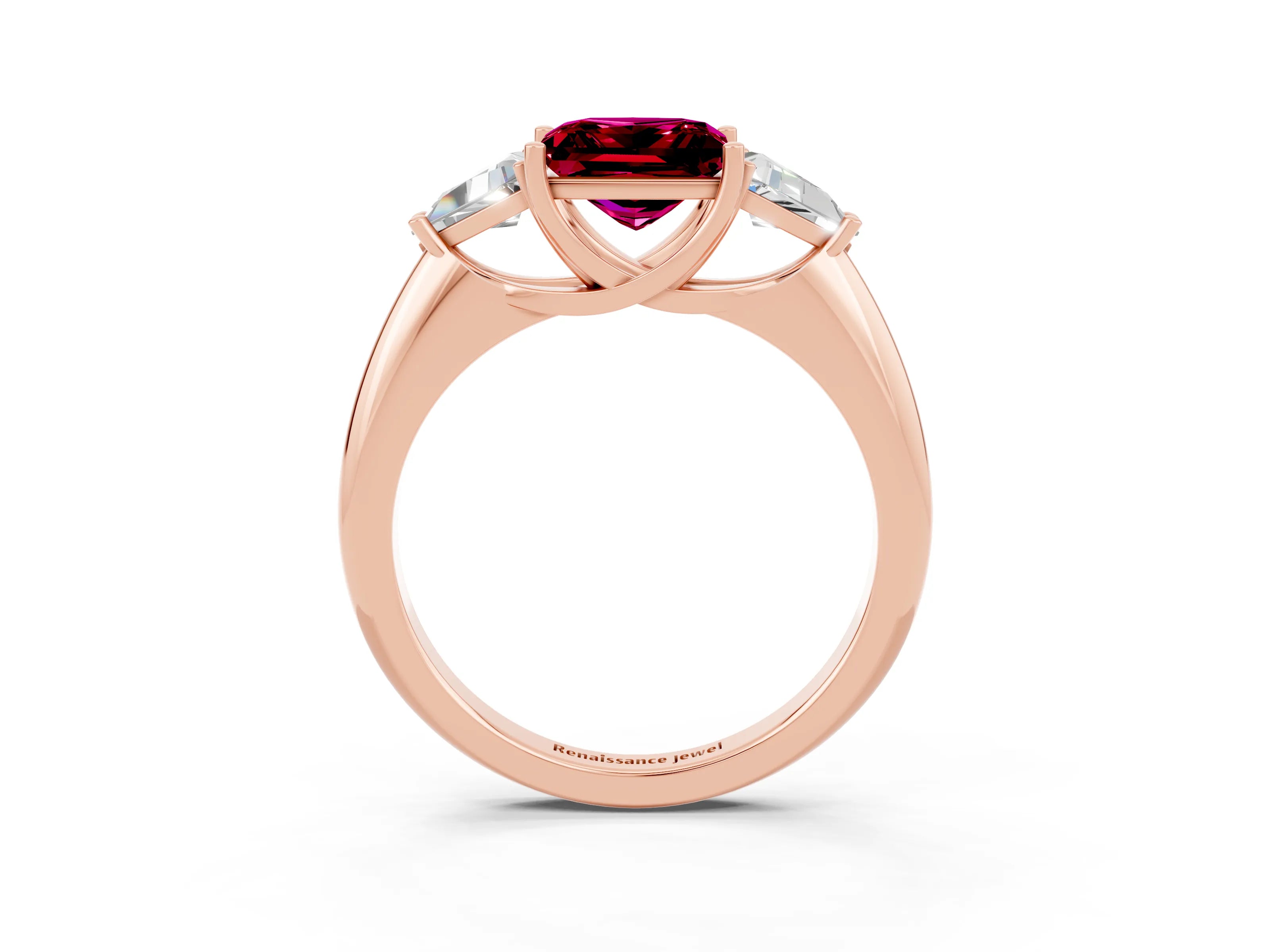Rose gold Three-Stone Princess Cut Cut Diamond Ring with Trillion Side Stones and Four-Prong Setting_3