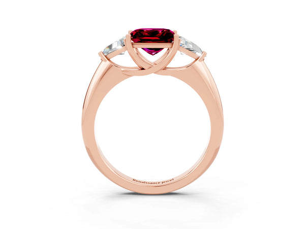 Rose gold Three-Stone Princess Cut Garnet Engagement Ring with Trillion Side Stones and Prong Setting
