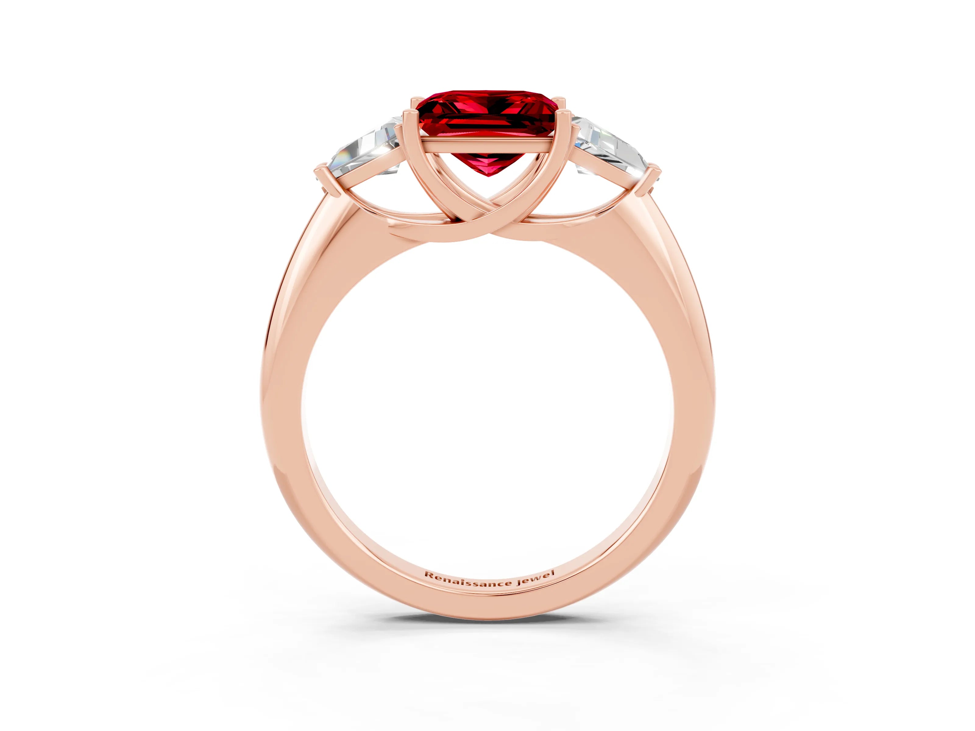 Rose gold Three-Stone Princess Cut Cut Diamond Ring with Trillion Side Stones and Four-Prong Setting_3