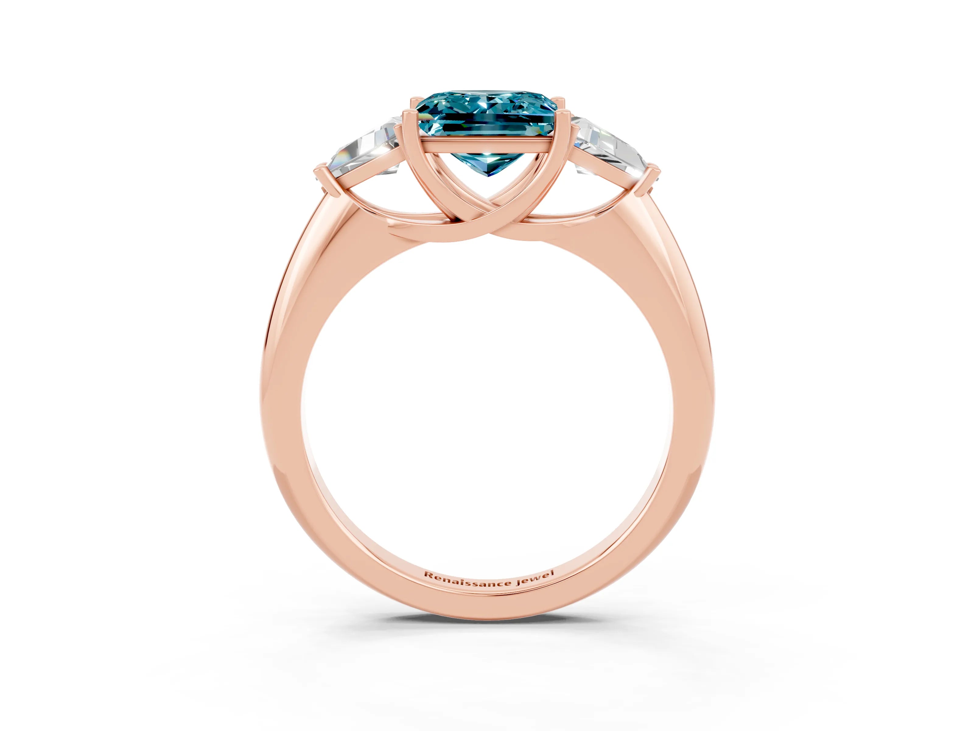 Rose gold Three-Stone Princess Cut Cut Diamond Ring with Trillion Side Stones and Four-Prong Setting_3