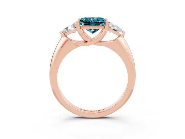 Rose gold Three-Stone Princess Cut Cut Diamond Ring with Trillion Side Stones and Four-Prong Setting