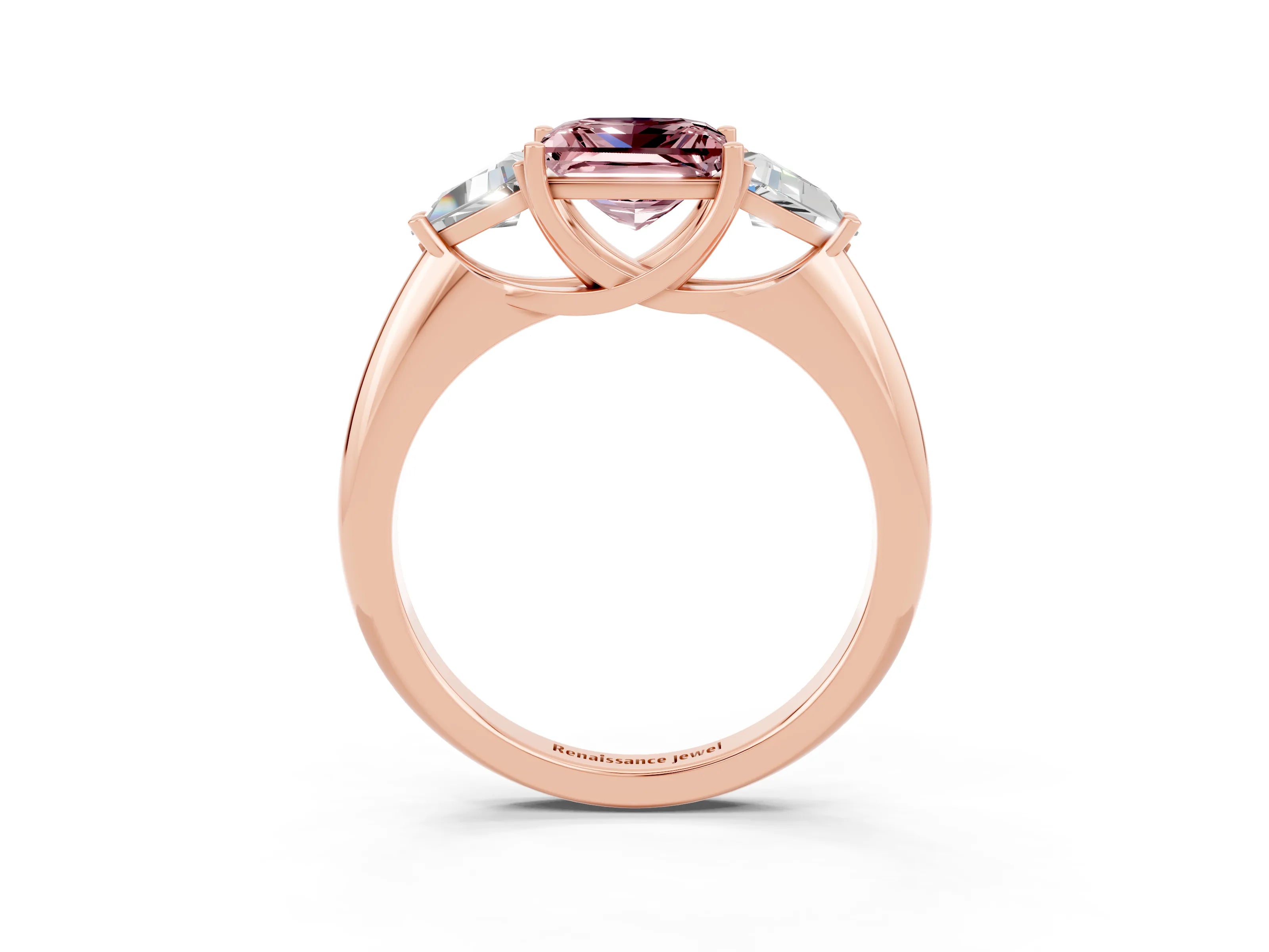 Rose gold Three-Stone Princess Cut Cut Diamond Ring with Trillion Side Stones and Four-Prong Setting_3