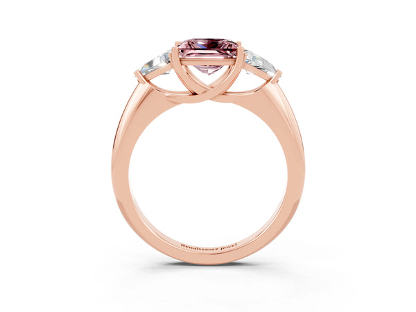Rose gold Three-Stone Princess Cut Cut Diamond Ring with Trillion Side Stones and Four-Prong Setting