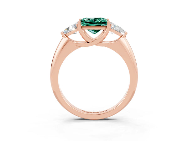 Rose gold Three-Stone Princess Cut Green Sapphire Engagement Ring with Trillion Side Stones and Prong Setting