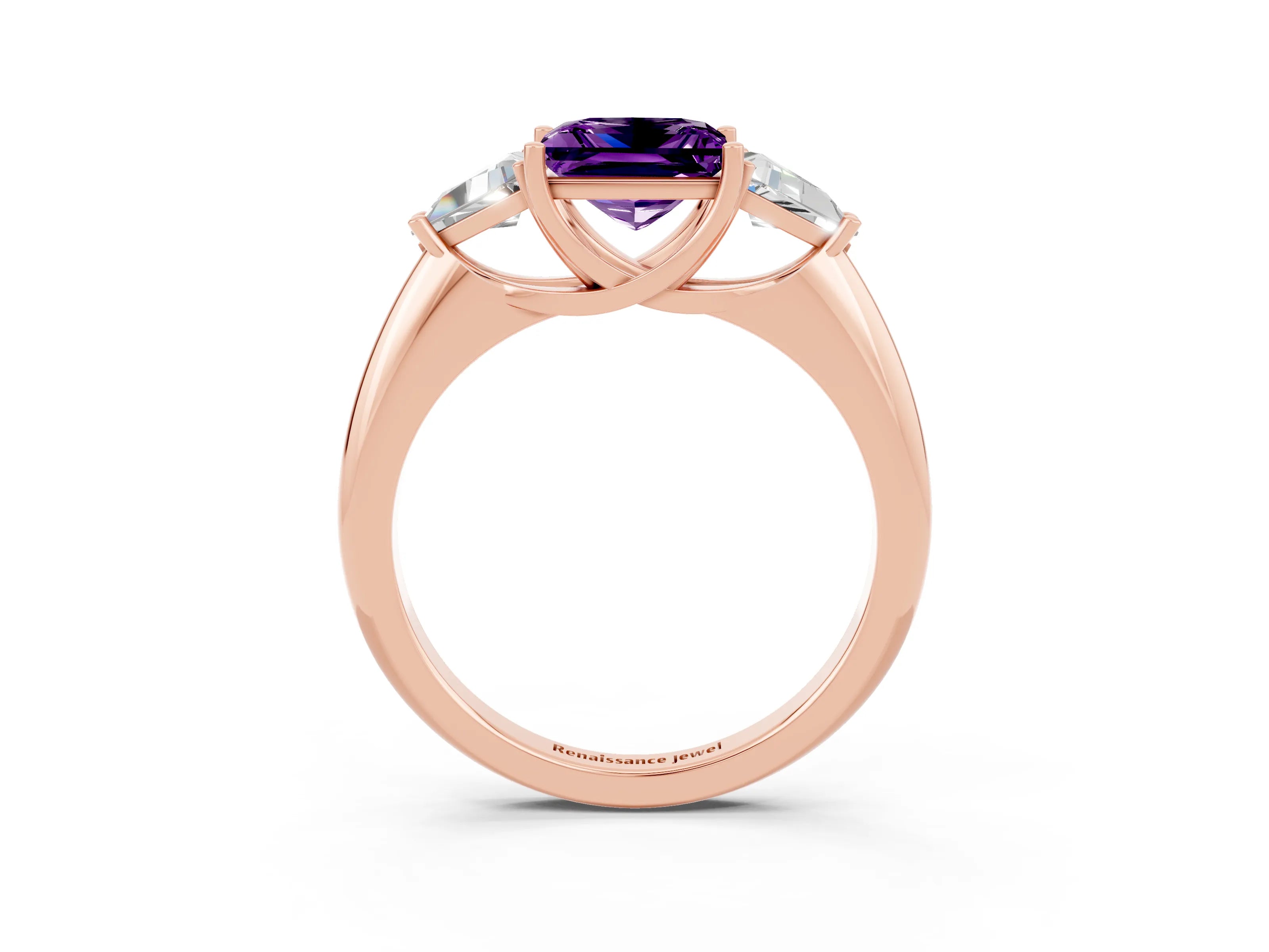 Rose gold Three-Stone Princess Cut Cut Diamond Ring with Trillion Side Stones and Four-Prong Setting_3
