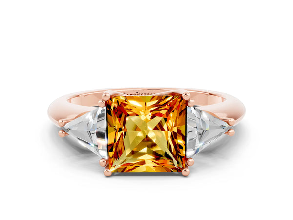 Rose gold Three-Stone Princess Cut Citrine Engagement Ring with Trillion Side Stones and Prong Setting