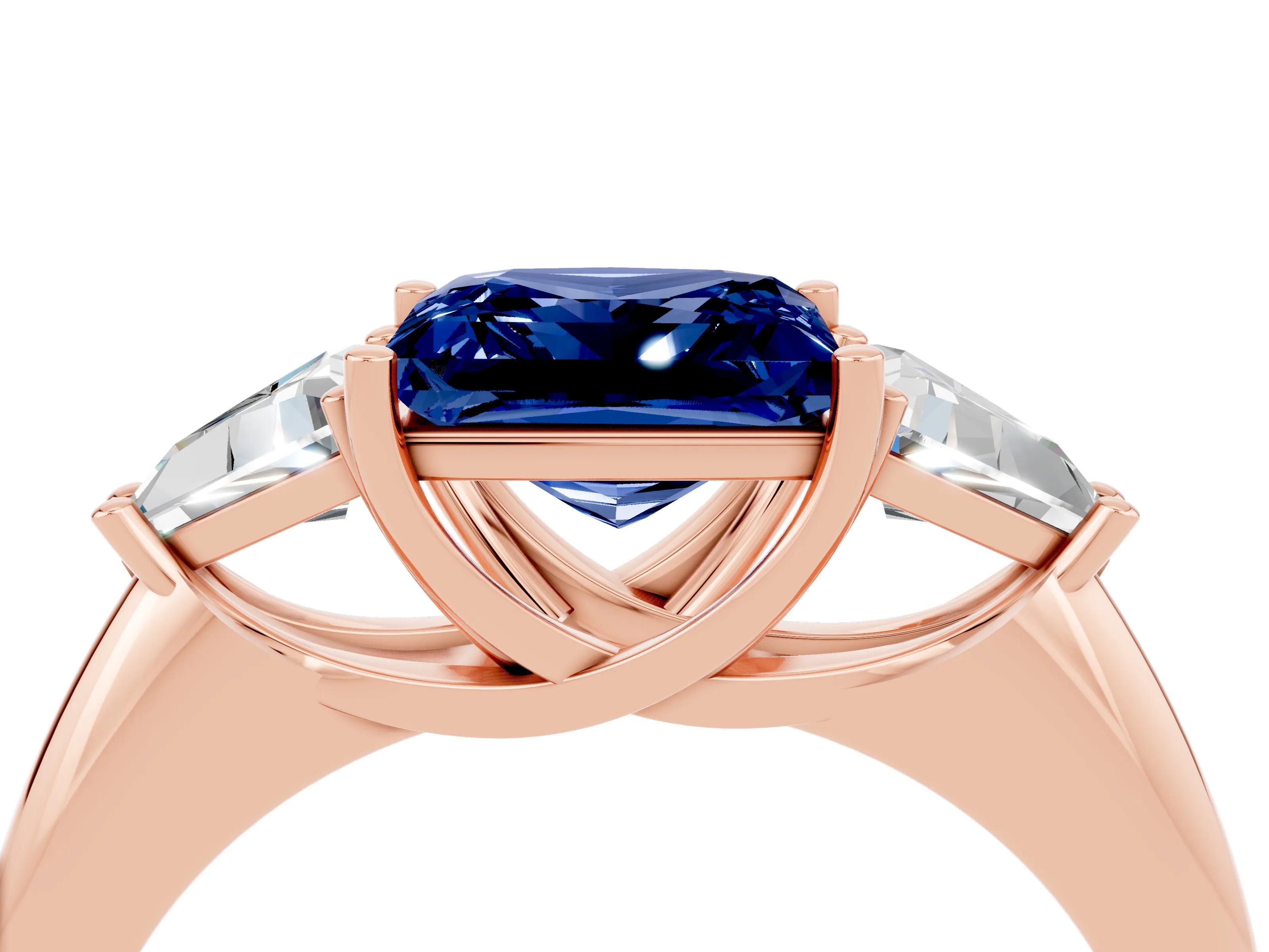 Rose gold Three-Stone Princess Cut Cut Diamond Ring with Trillion Side Stones and Four-Prong Setting_4