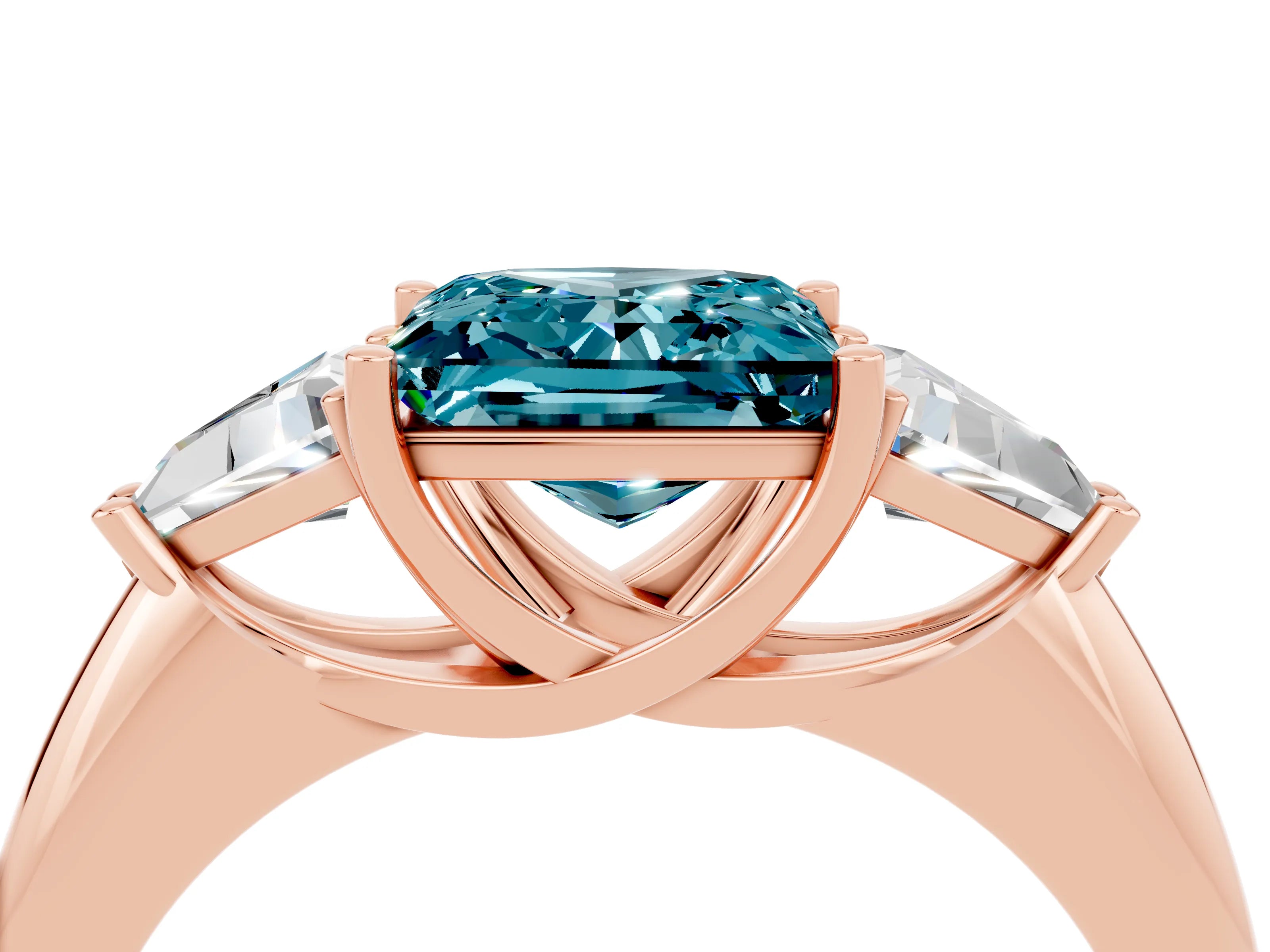 Rose gold Three-Stone Princess Cut Cut Diamond Ring with Trillion Side Stones and Four-Prong Setting_4