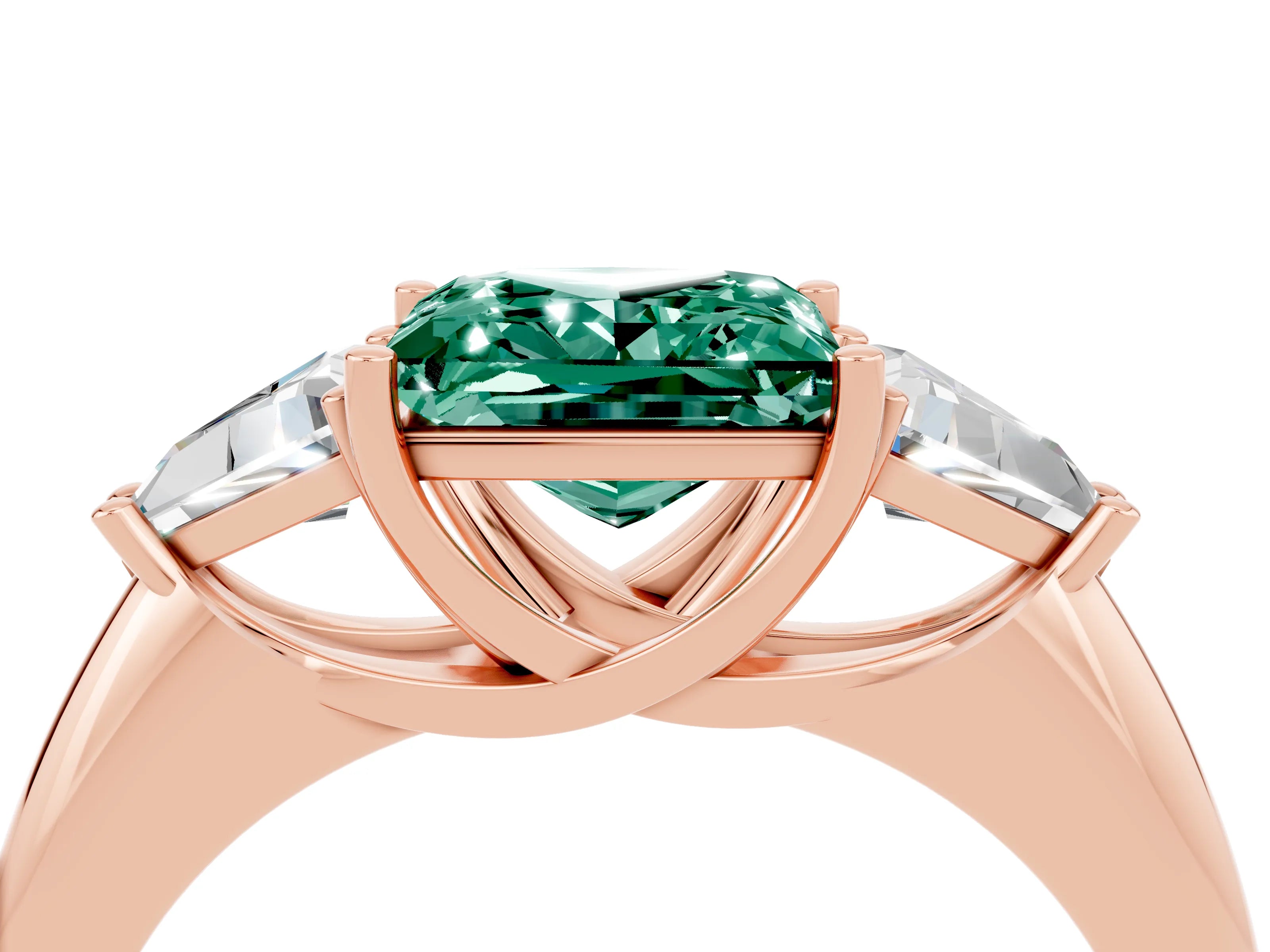 Rose gold Three-Stone Princess Cut Cut Diamond Ring with Trillion Side Stones and Four-Prong Setting_4