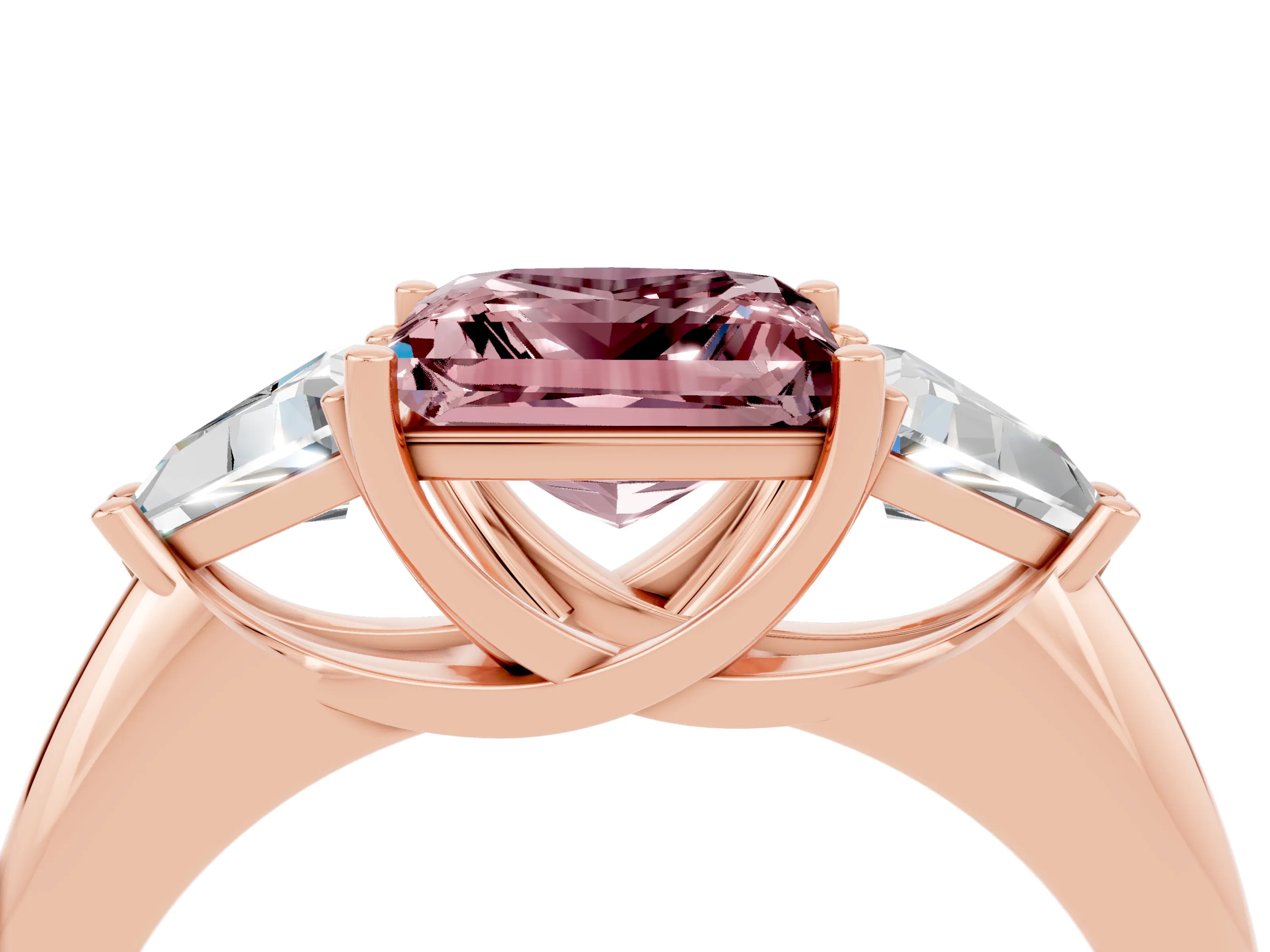 Rose gold Three-Stone Princess Cut Cut Diamond Ring with Trillion Side Stones and Four-Prong Setting_4