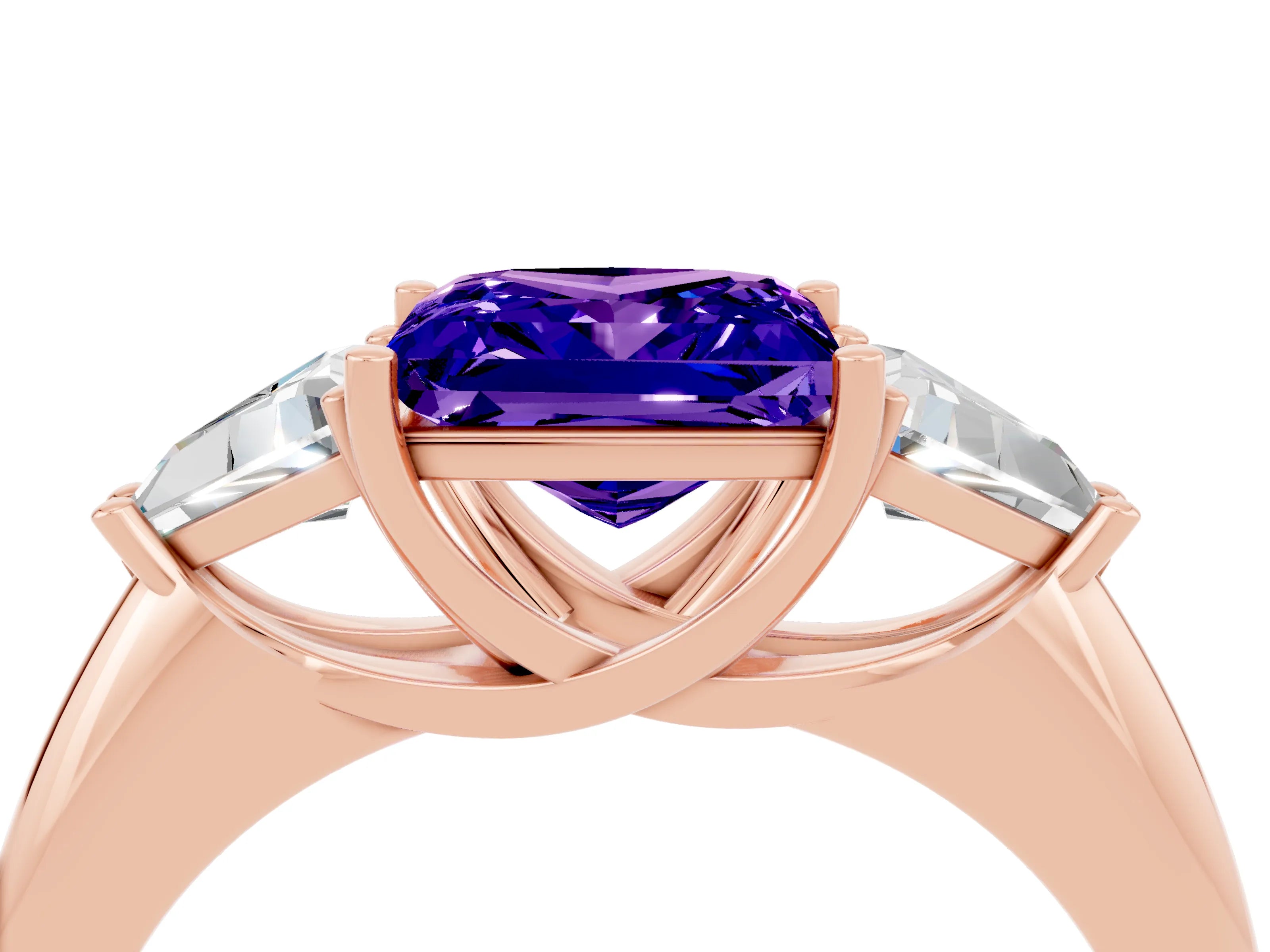 Rose gold Three-Stone Princess Cut Cut Diamond Ring with Trillion Side Stones and Four-Prong Setting_4