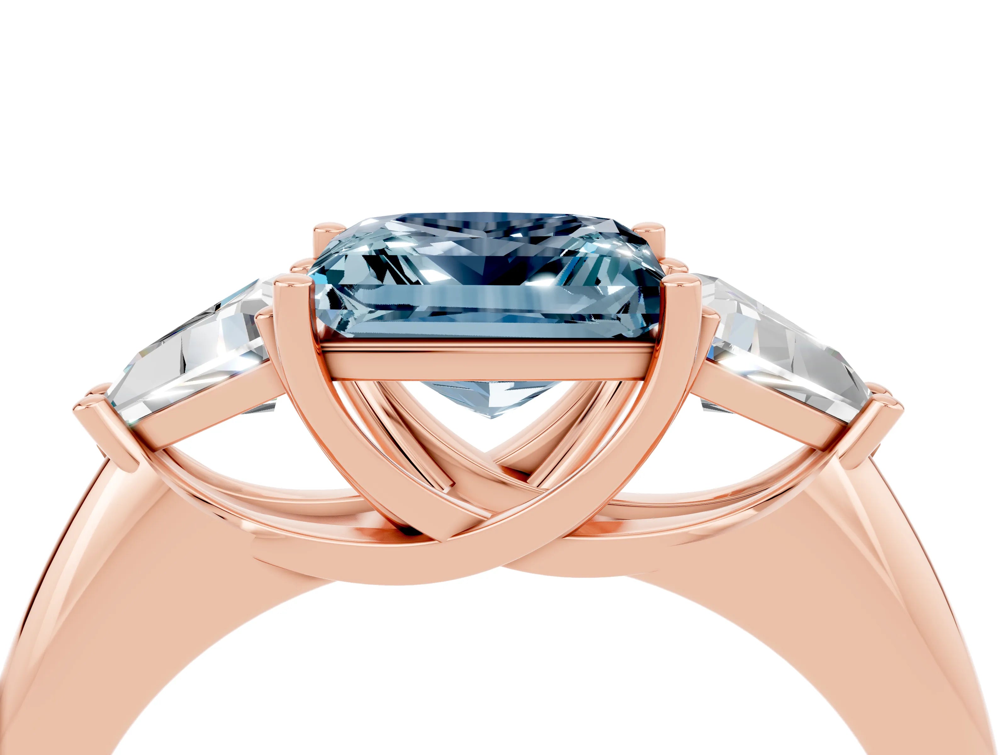 Rose gold Three-Stone Princess Cut Cut Diamond Ring with Trillion Side Stones and Four-Prong Setting_4